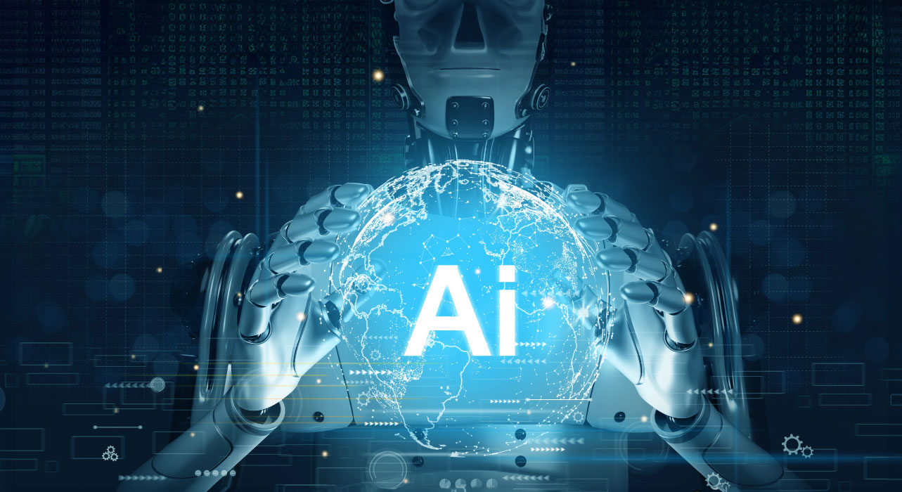 A humanoid robot holds a glowing, blue digital globe with "AI" in bold letters