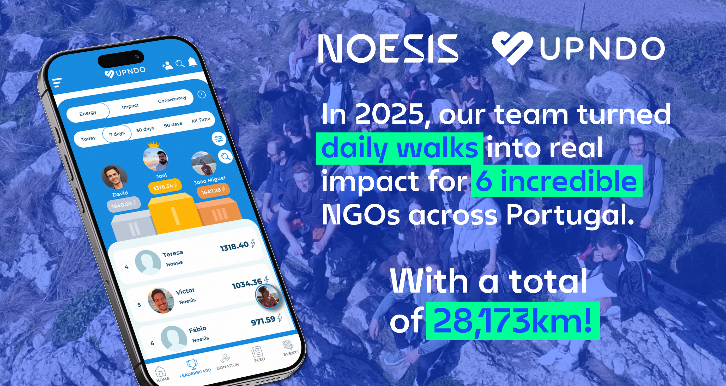 Smartphone showing the UPNDO app with a social impact message.