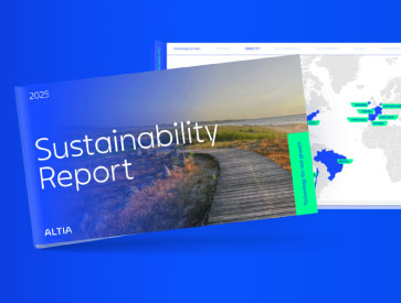 ALTIA 2025 Sustainability Report cover on a blue background, featuring a natural landscape and highlighted inner pages.