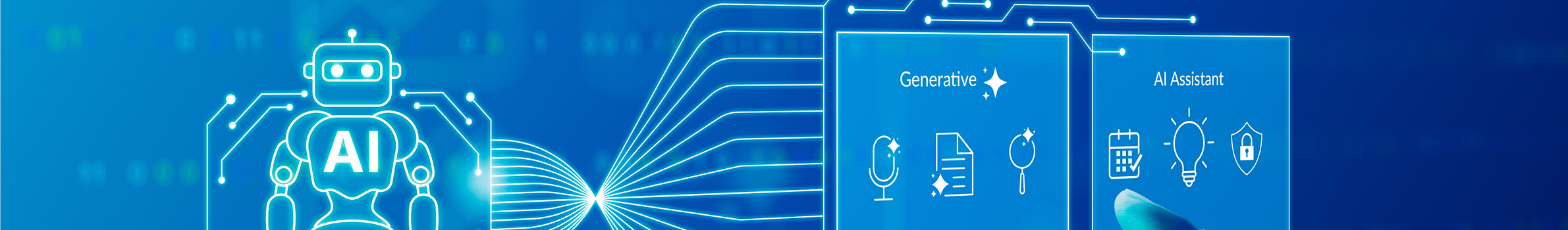 Illustration of artificial intelligence with a robot and digital flows connected to applications