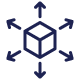 Cube with directional arrows representing scalability and flexibility
