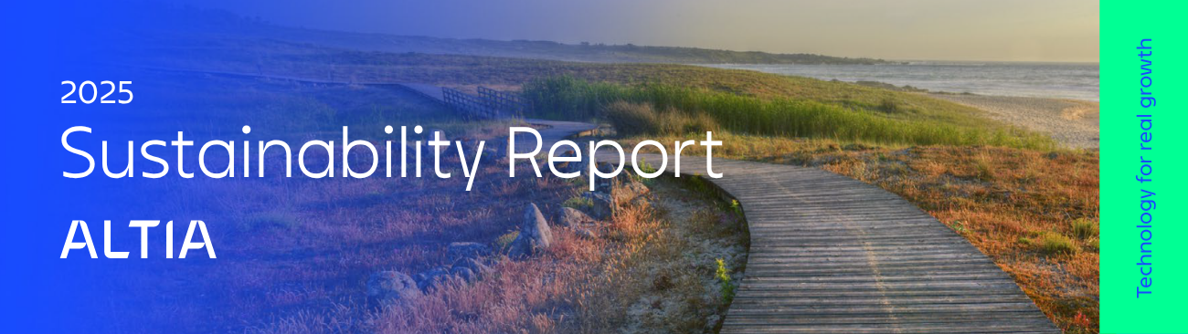 Image of Altia’s 2025 Sustainability Report with a natural landscape and wooden boardwalk
