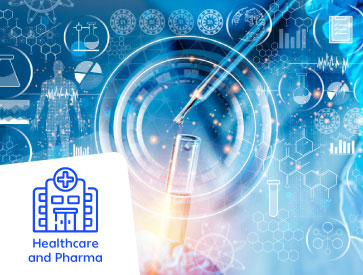 Hand adding liquid to a test tube, with digital graphics and icons related to healthcare and pharmaceuticals in the background.